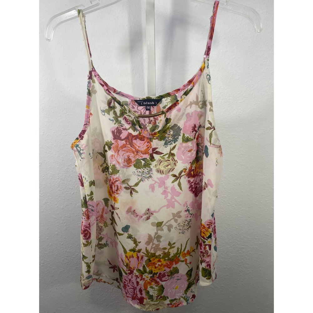 Hint of Blush Floral Camisole Top Pink Yellow Cream Gold Ring Detail Medium